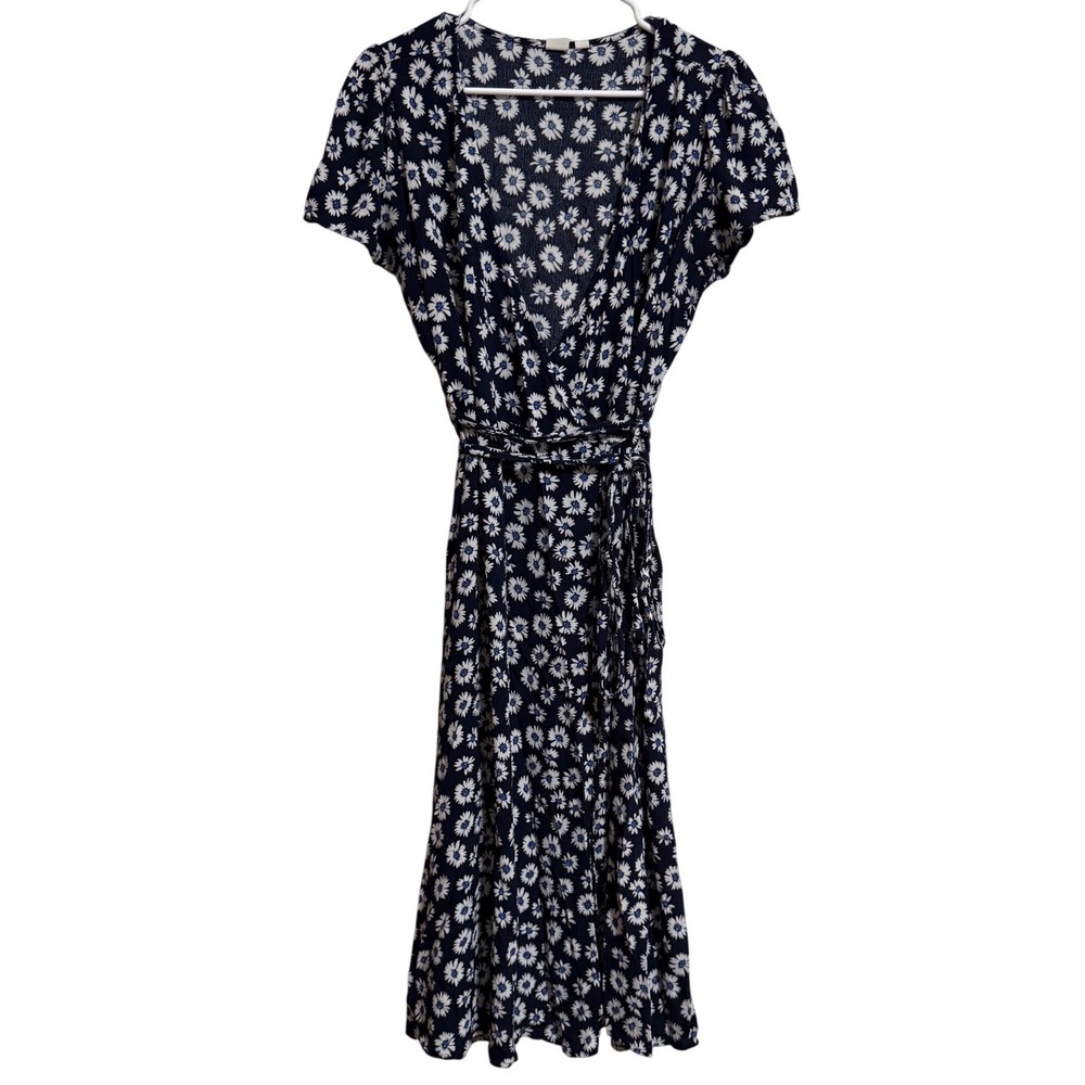Gap Navy Blue Daisy Floral Rayon Midi Wrap Dress Short Sleeve Womens Large L